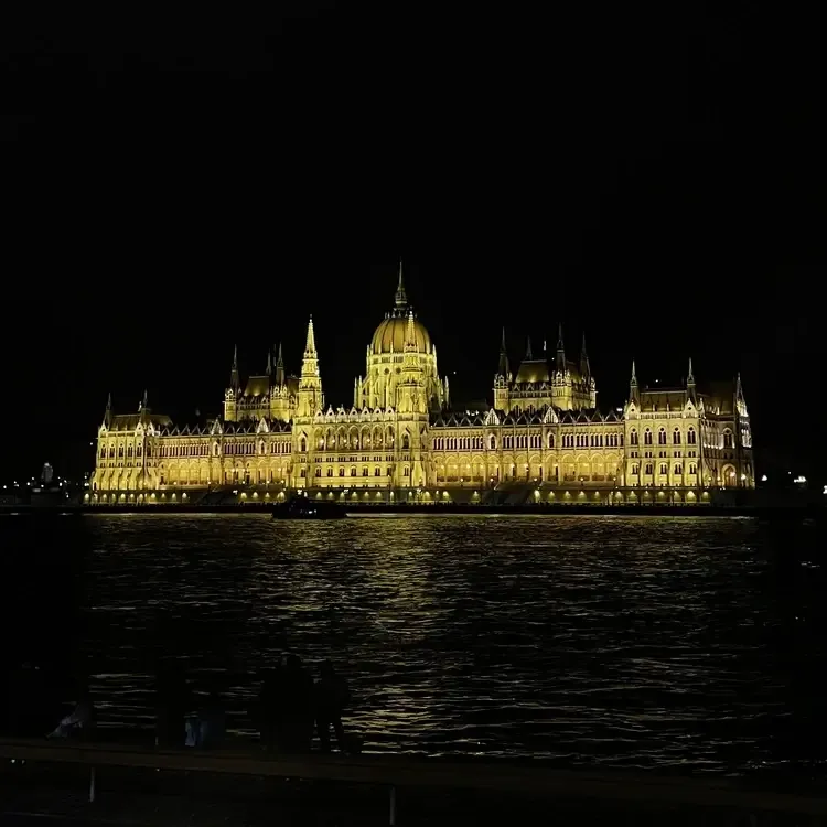 Hungarian Parliament Building lit up at night on the Danube in Budapest