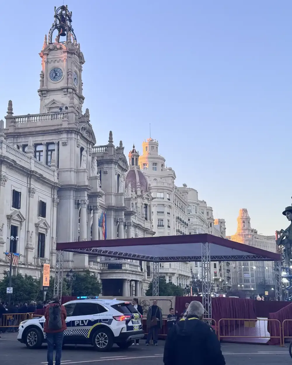 Valencia City Hall and Plaza del Ayuntamiento with the Fallas stage in March