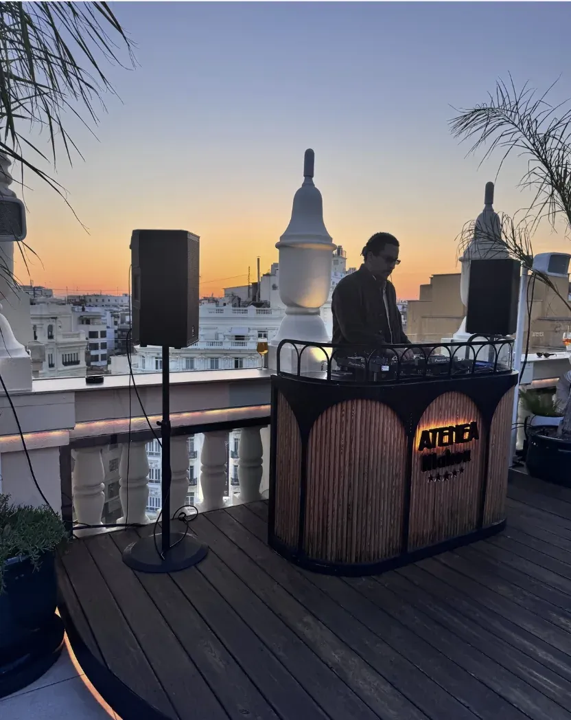 Rooftop terrace at sunset over the rooftops of central Valencia